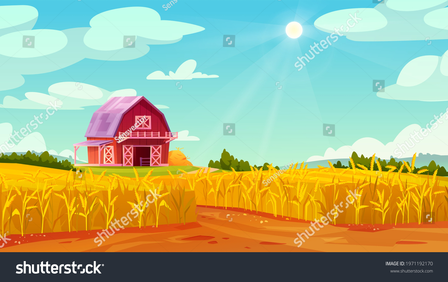 Farm Barn House On Yellow Wheat Stock Vector (Royalty Free) 1971192170 ...