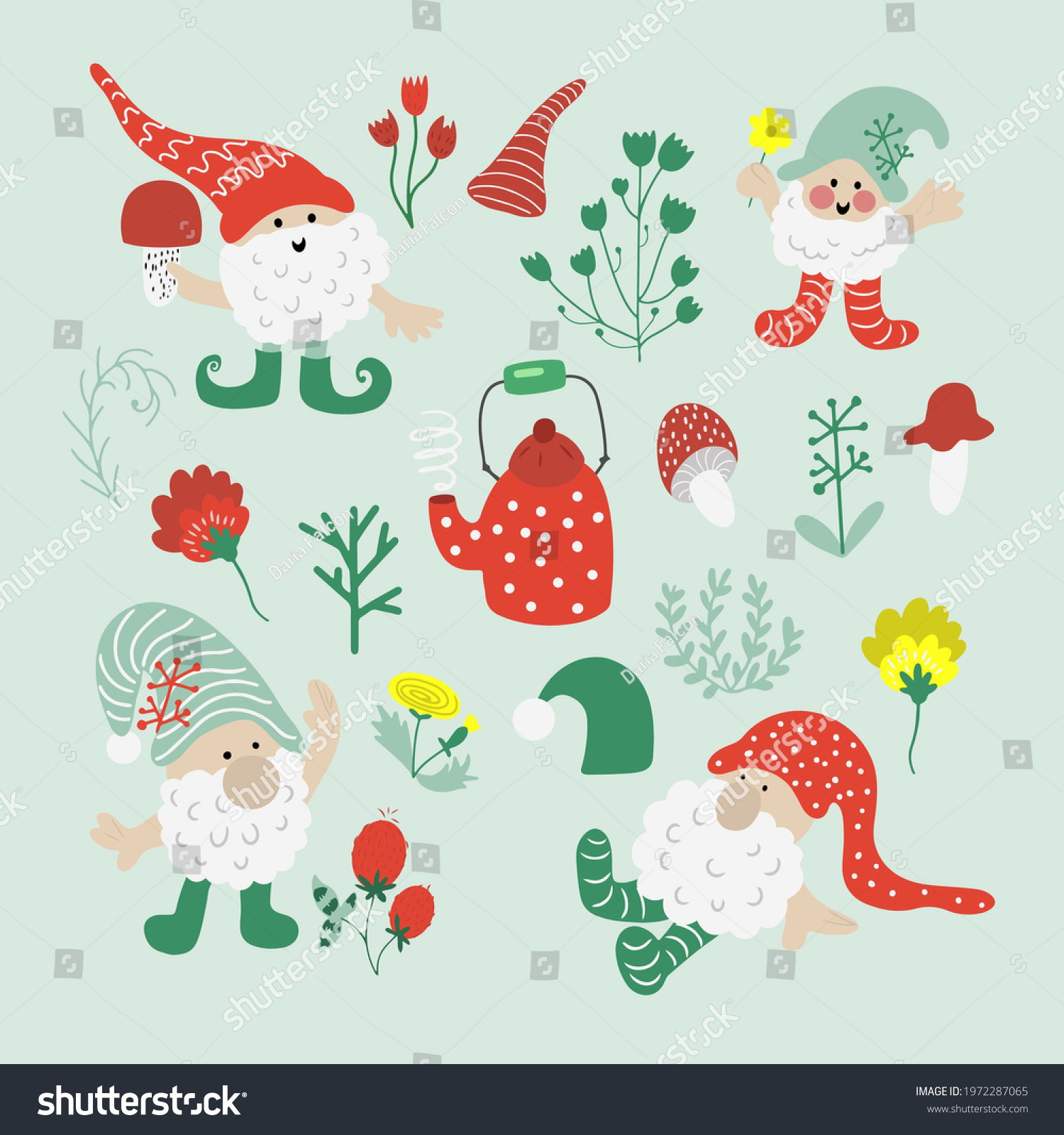 Cute Set Garden Lawn Doodle Gnomes Stock Vector (Royalty Free ...