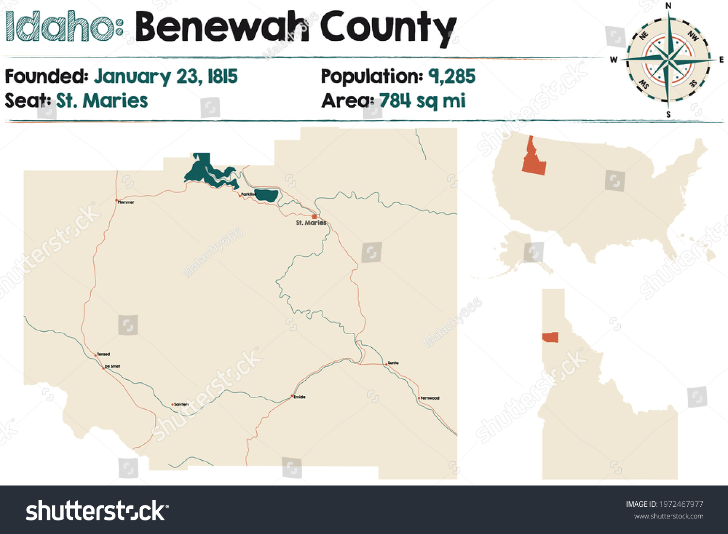 Large Detailed Map Benewah County Idaho Stock Vector Royalty Free