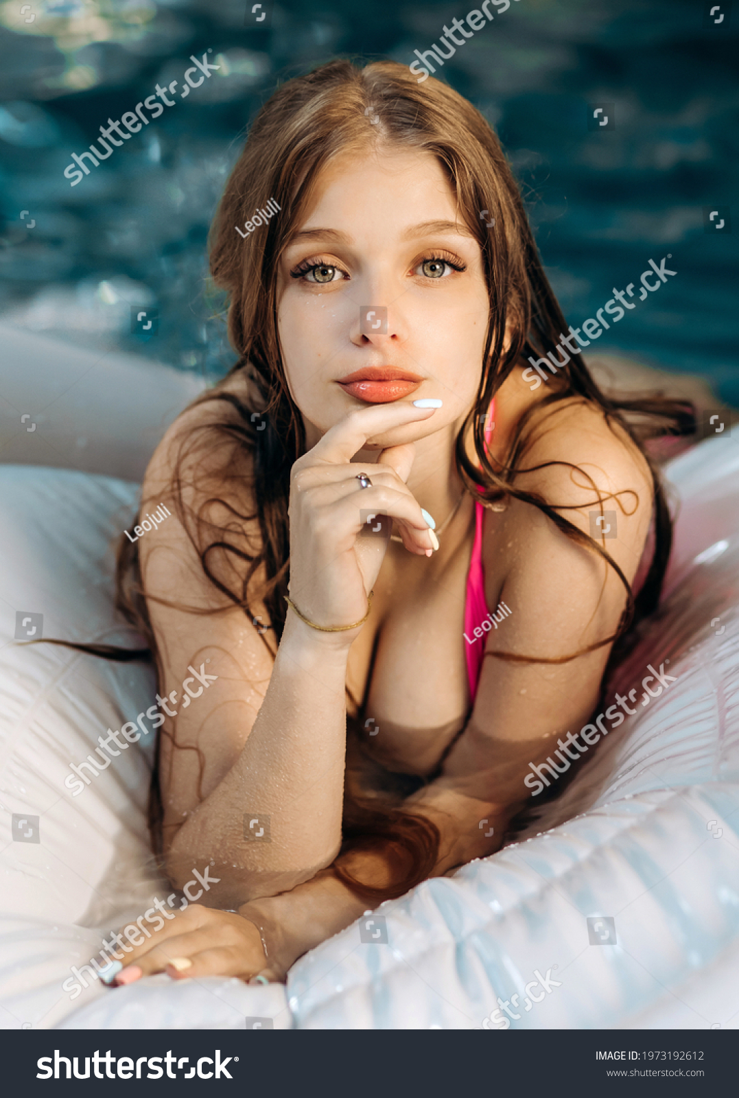 Sexy Blonde Woman Pink Swimsuit Lies Stock Photo Shutterstock