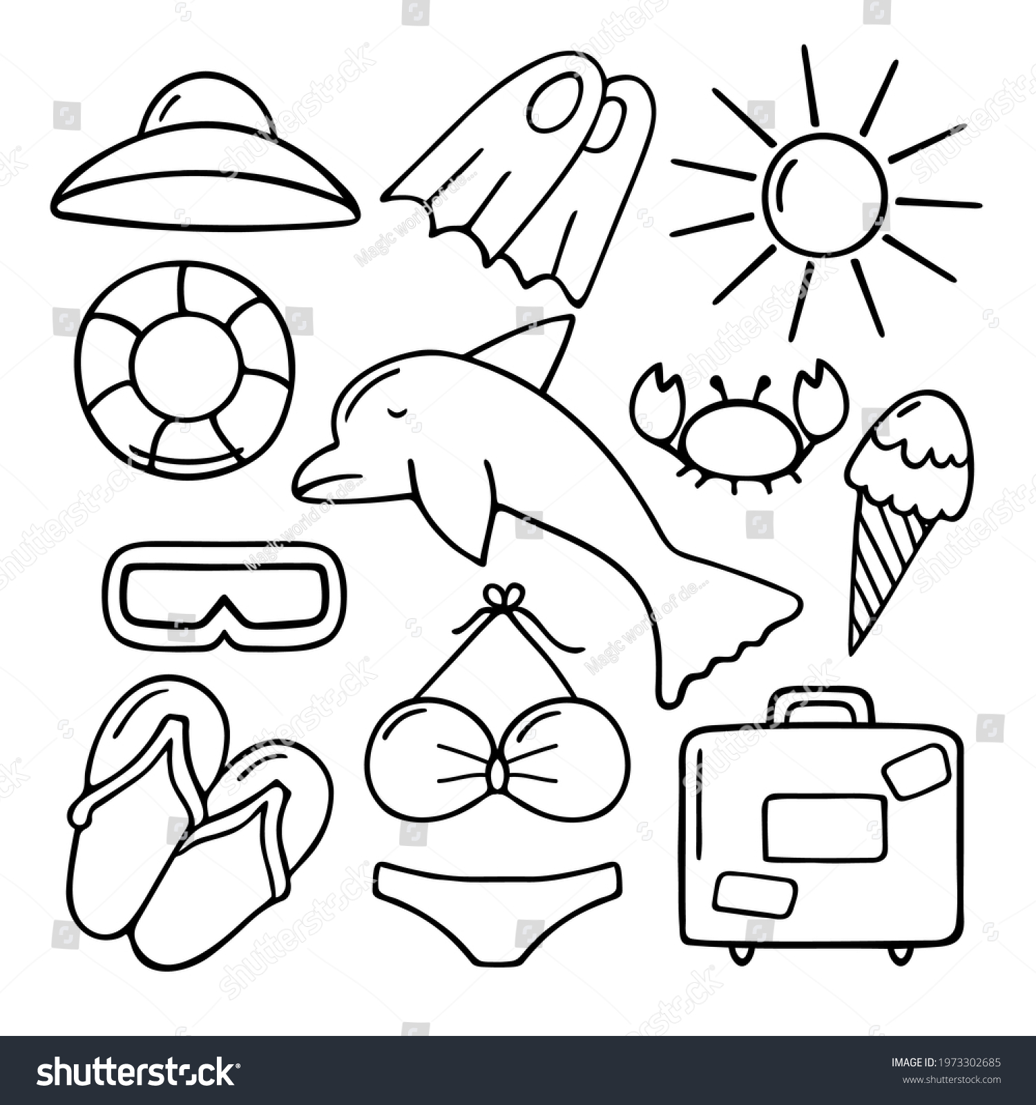 Set Summer Beach Items Black Outline Stock Vector (Royalty Free ...