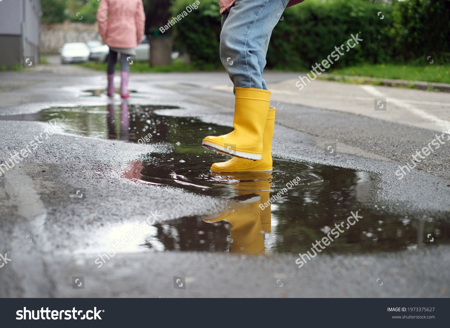 Happy Children Rain Boots Walking Puddles Stock Photo 1973375627 ...