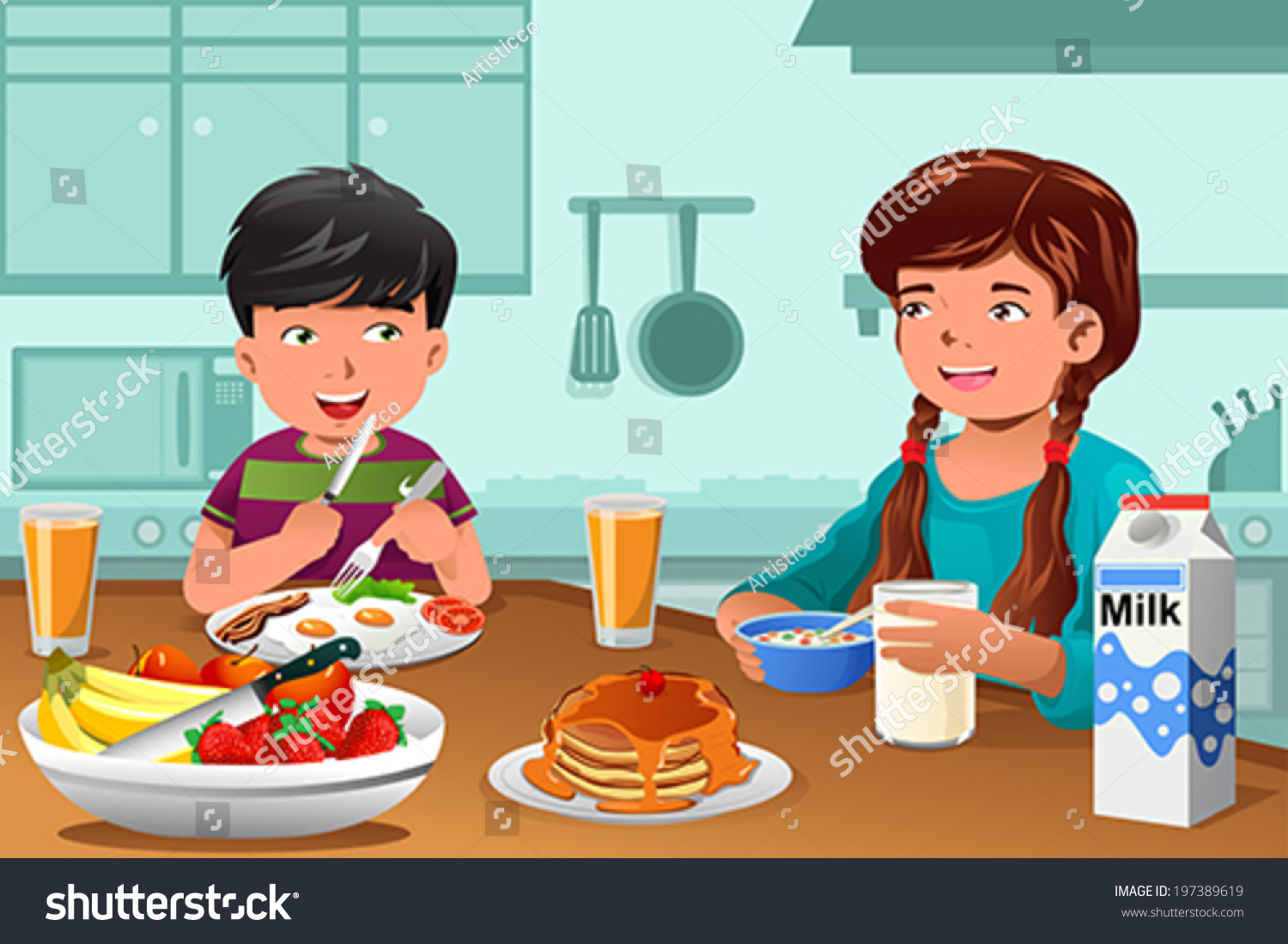 Мальчик и девочка завтракают