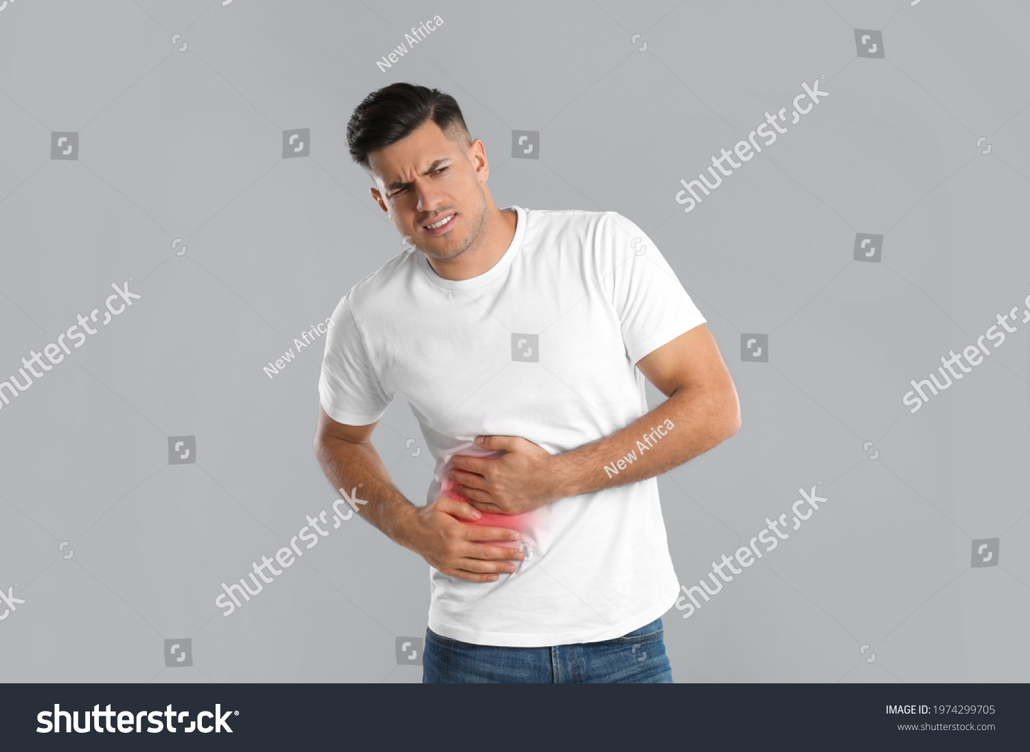 Man Suffering Liver Pain On Grey Stock Photo 1974299705 | Shutterstock