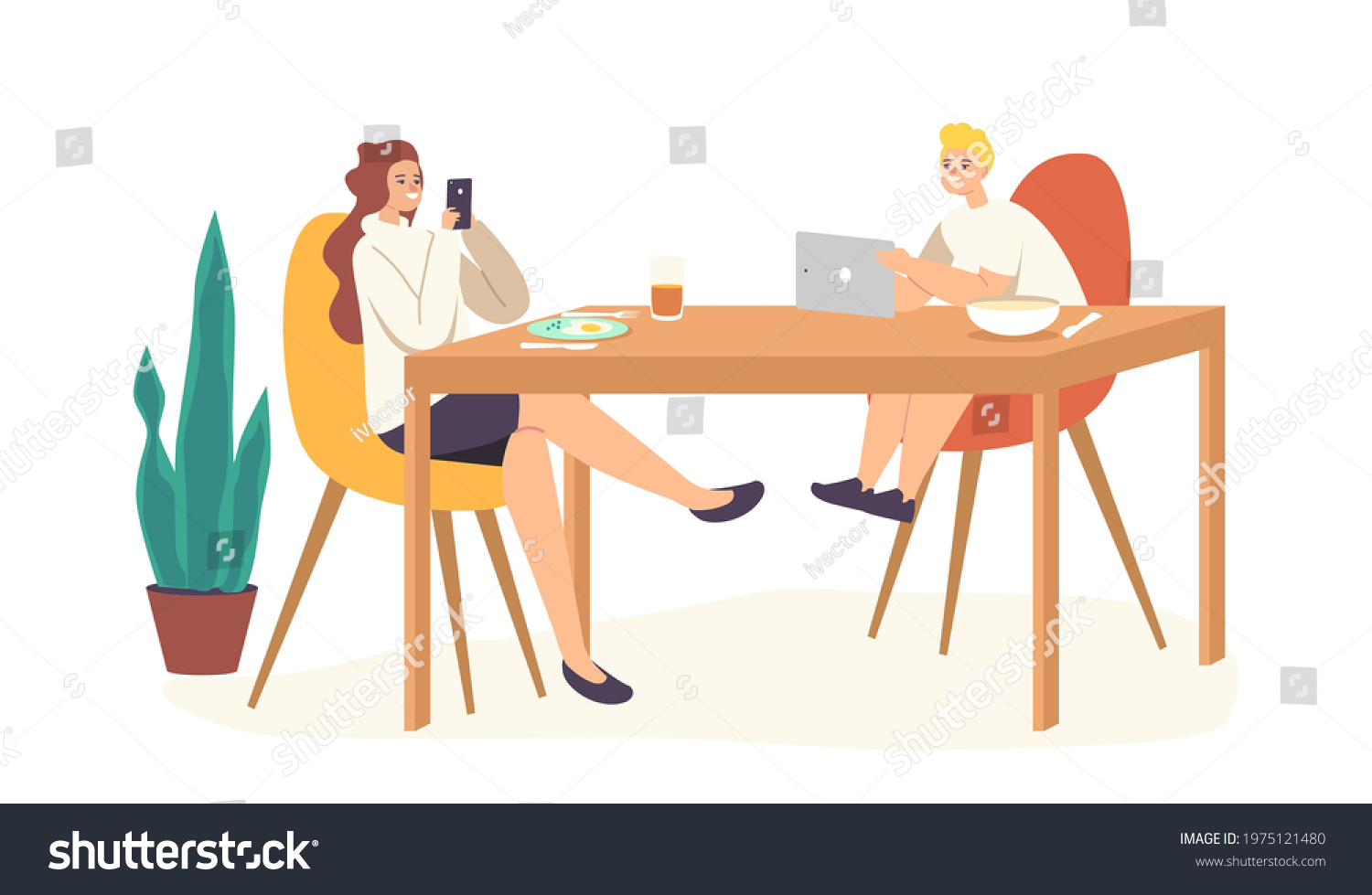 Stock Vector Teenager Girl And Schoolboy Characters Sit At Table Chatting Online Using Electronic Devices 1975121480 
