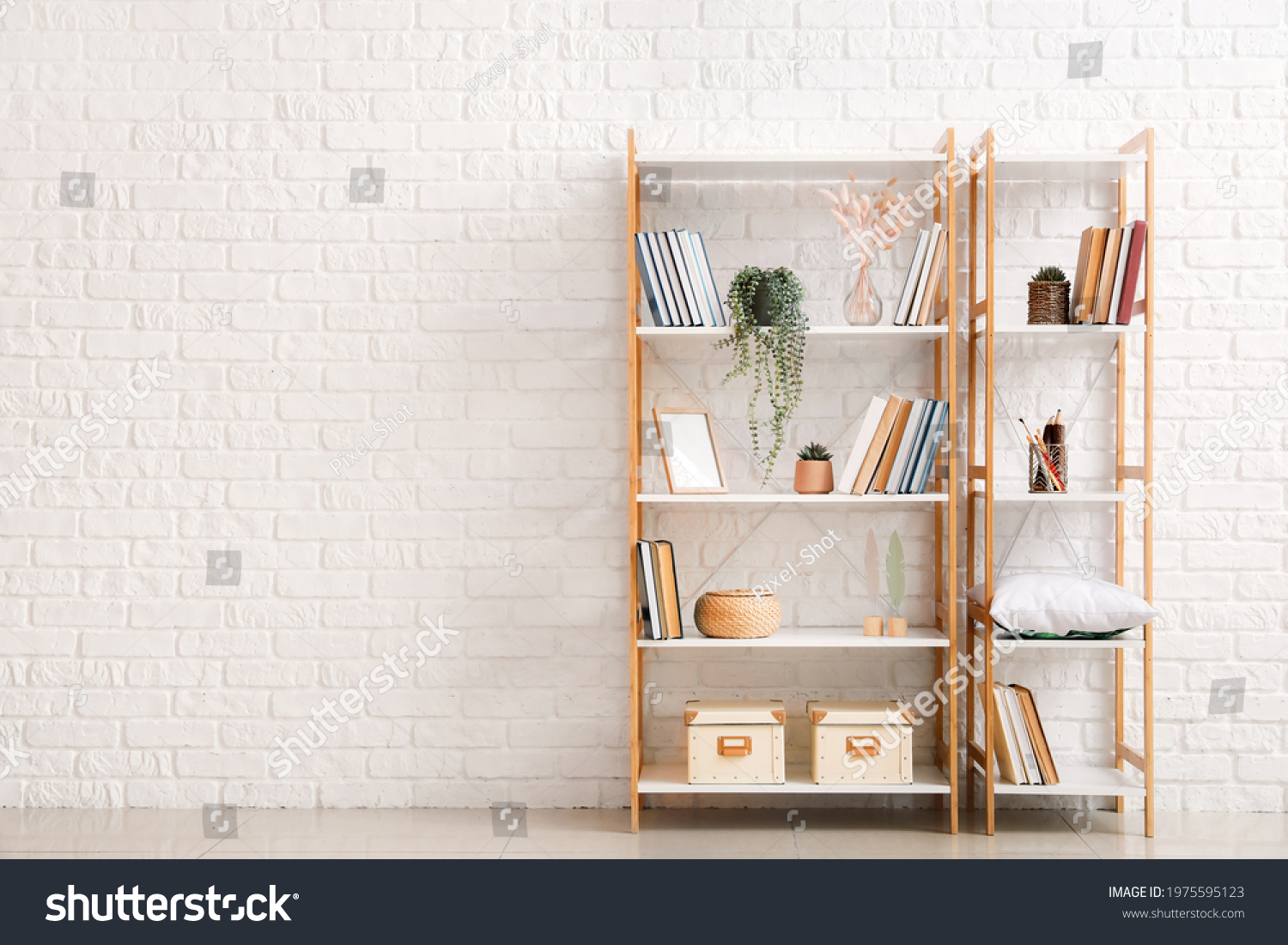 Modern Shelf Units Near Brick Wall Stock Photo 1975595123 | Shutterstock