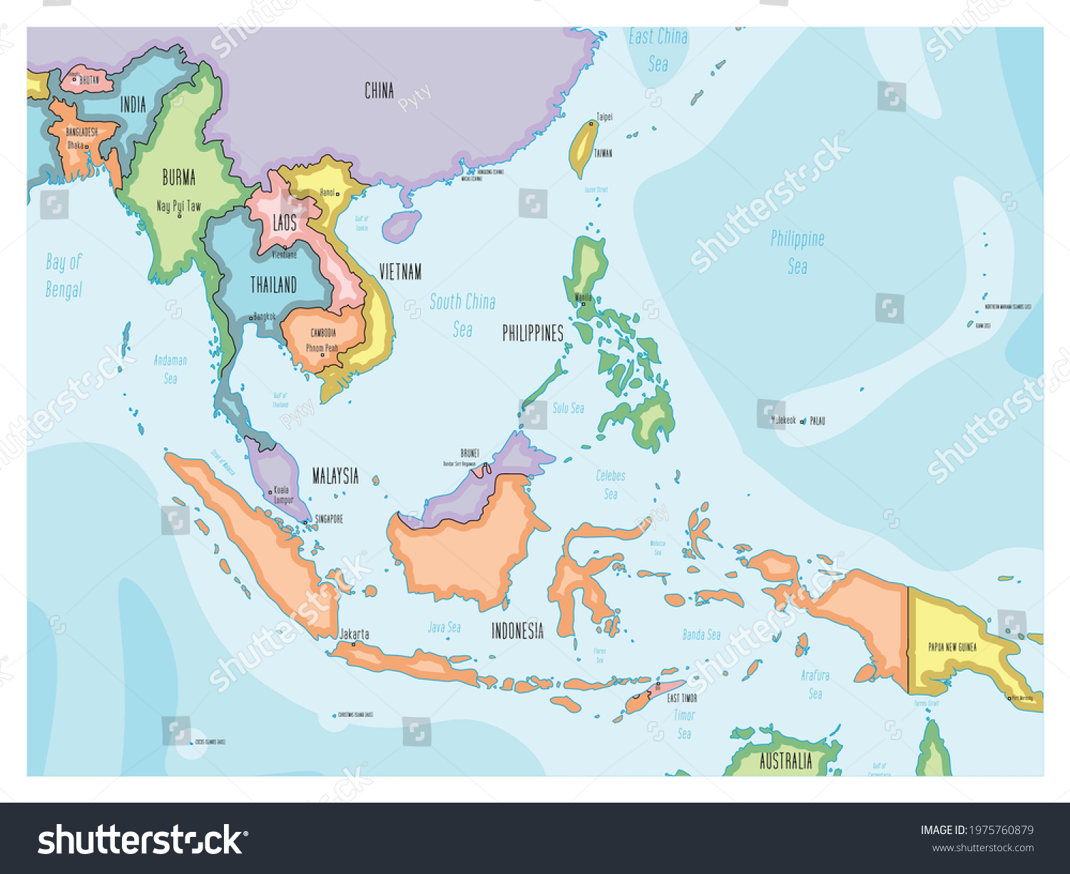 Vektor Stok Southeast Asia Map Handdrawn Cartoon Style (Tanpa Royalti ...