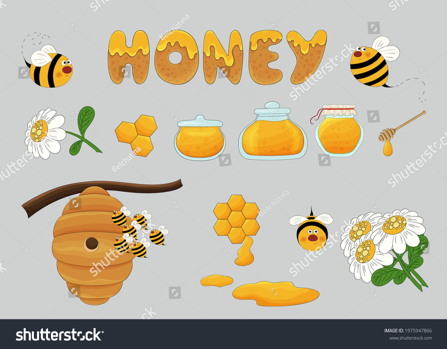 Set Bees Honey Honeycomb Beehive Bee Stock Vector (Royalty Free ...