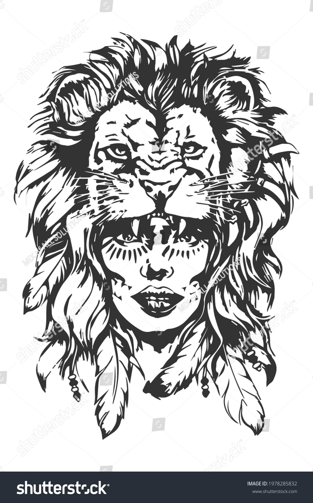 Native American Girl Lion Headdress Lineart Stock Vector (Royalty Free ...