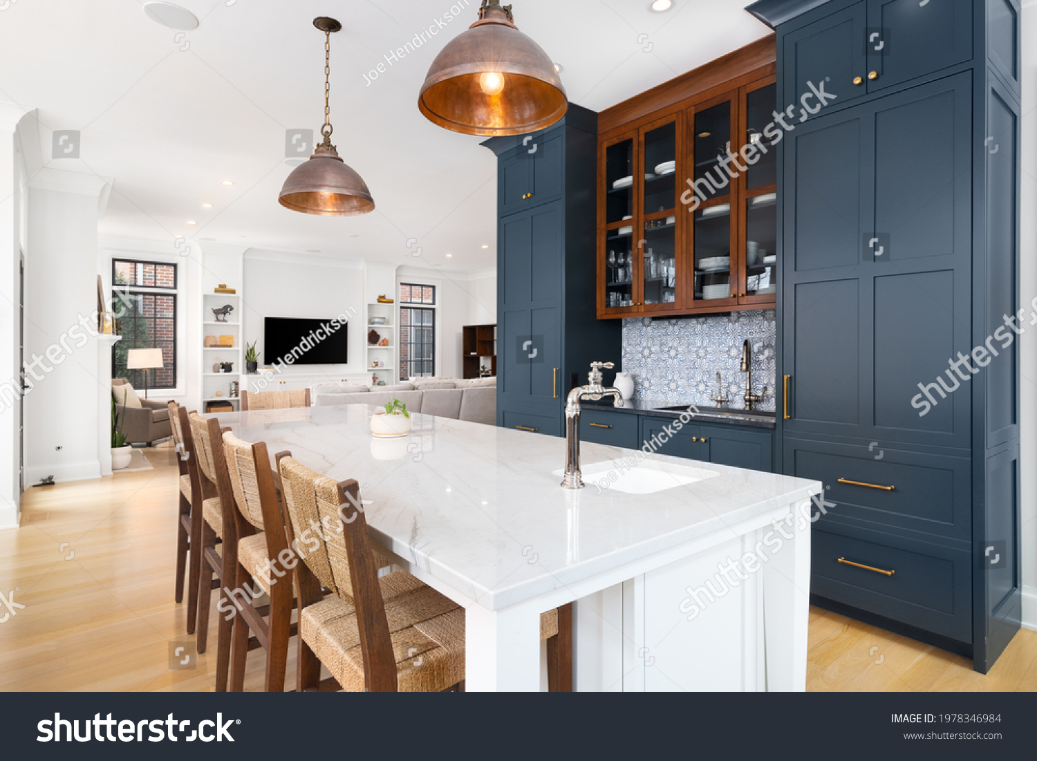 Elmhurst Il Usa February 24 2021 Stock Photo 1978346984 Shutterstock   Stock Photo Elmhurst Il Usa February A Luxurious Kitchen With Blue Cabinets Bronze Dome Light 1978346984 