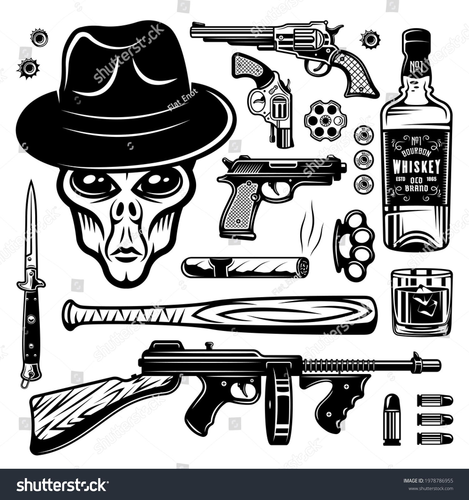 Alien Gangster Weapons Set Monochrome Vintage Stock Vector (Royalty ...