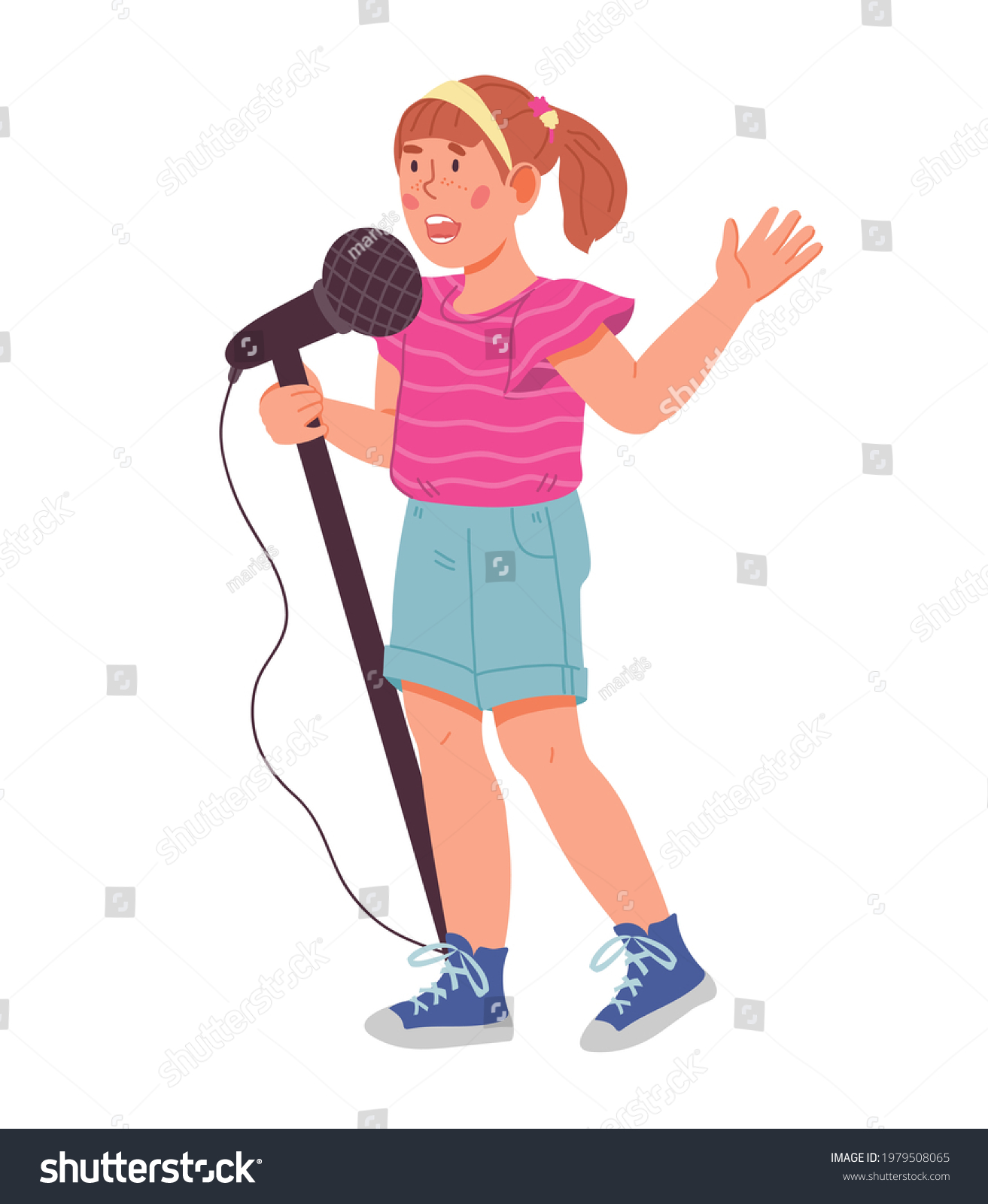 Child Girl Cartoon Character Singing Microphone Stock Vector (Royalty ...