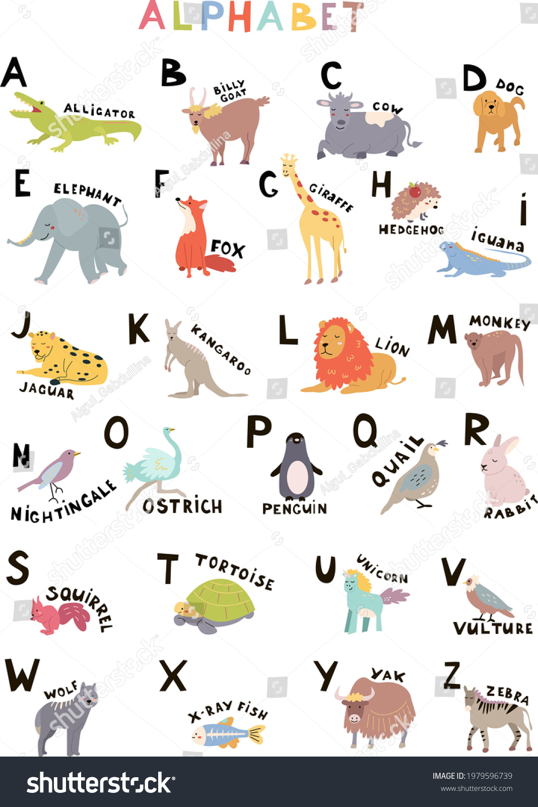 Cute Animals Alphabet Kids Education Vector Stock Vector (Royalty Free ...