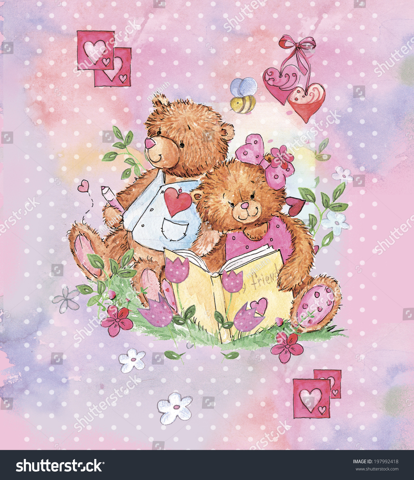 Watercolor Kids Background Cute Teddys Stock Illustration 197992418 ...