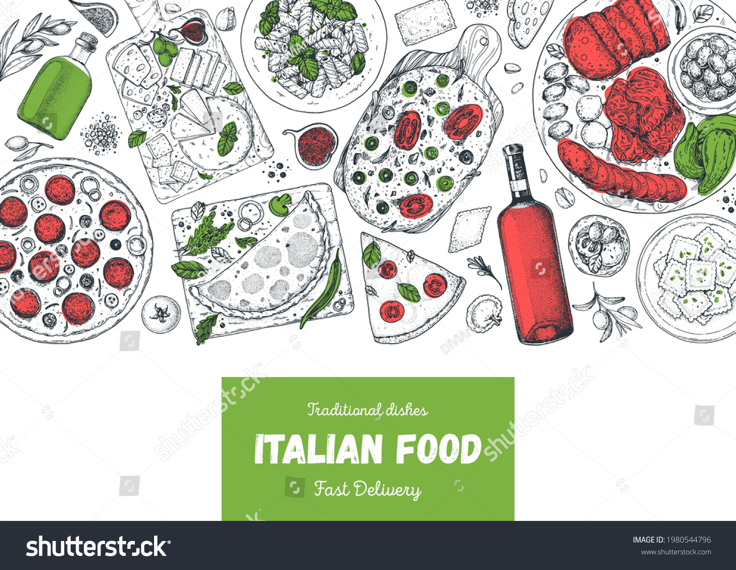 Italian Cuisine Top View Sketch Vector Stock Vector (Royalty Free ...