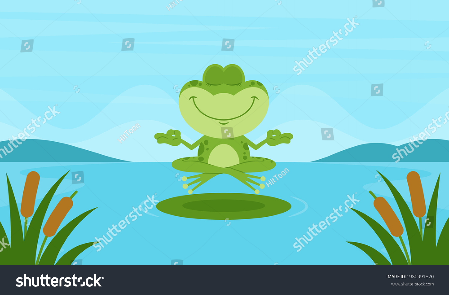 Cute Green Frog Cartoon Character Meditates Stock Vector (Royalty Free ...