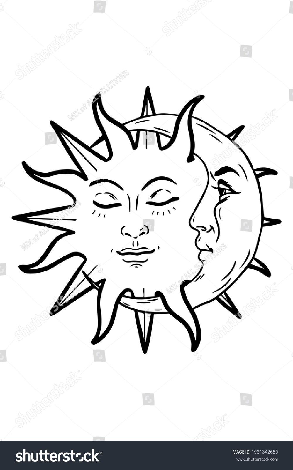 Sun Moon Line Art Clipart Outline Stock Vector (Royalty Free ...