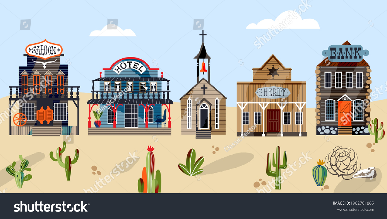 Wild West Buildings On Road Horizontal Stock Vector (Royalty Free ...