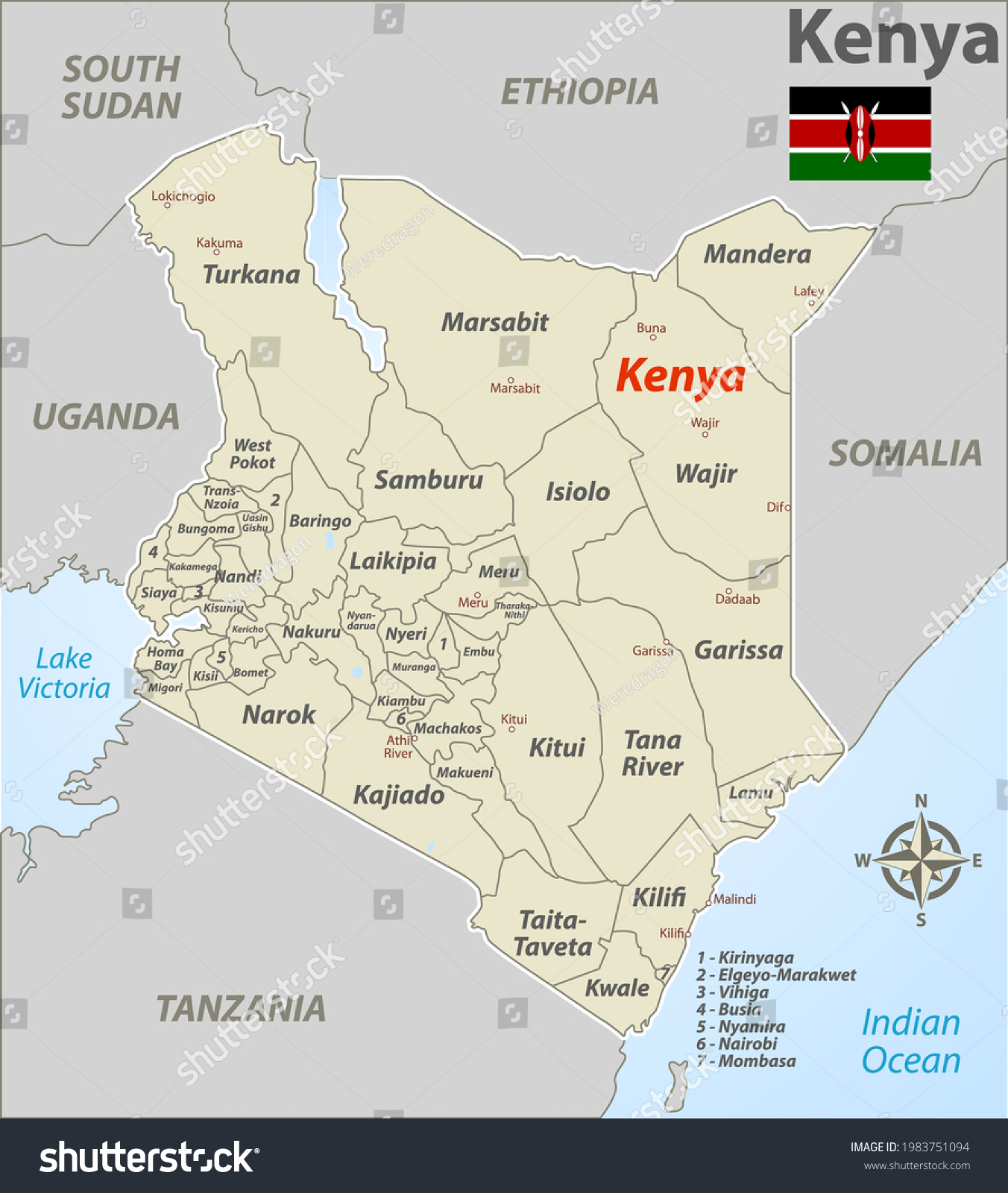 Vector Map Kenya Counties Cities Neighbouring Stock Vector Royalty