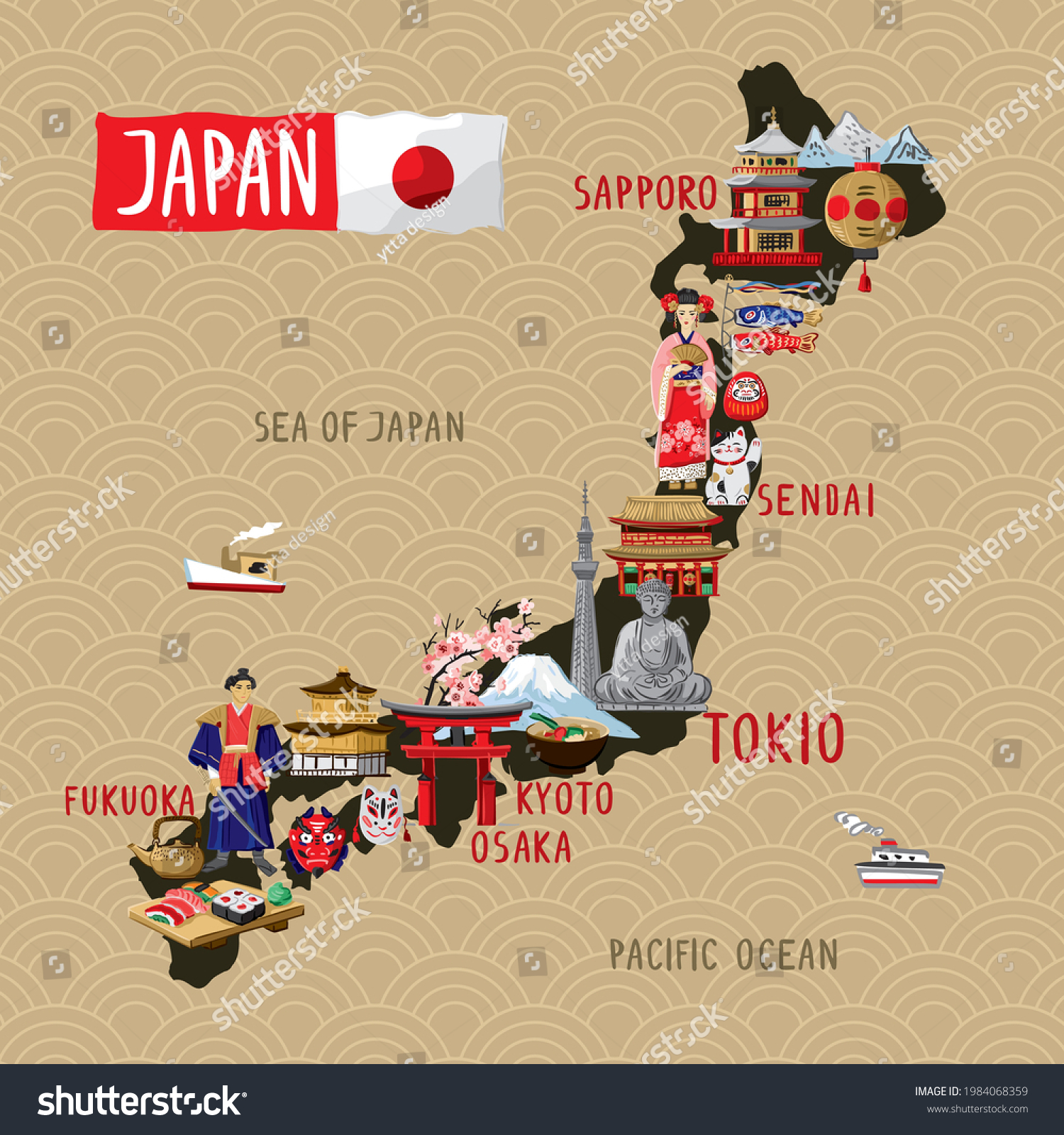 Decorative Tourist Map Japan Traditional Symbols Stock Vector (Royalty ...