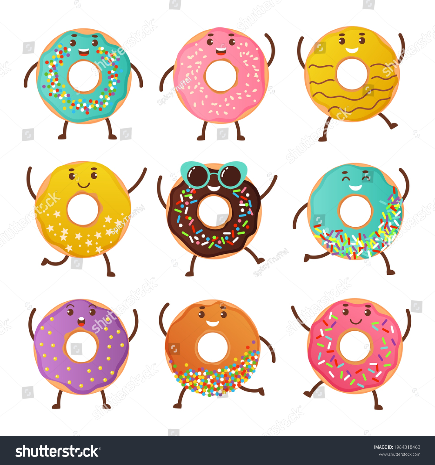 Happy Donut Characters Cartoon Sweet Round Stock Vector (Royalty Free ...