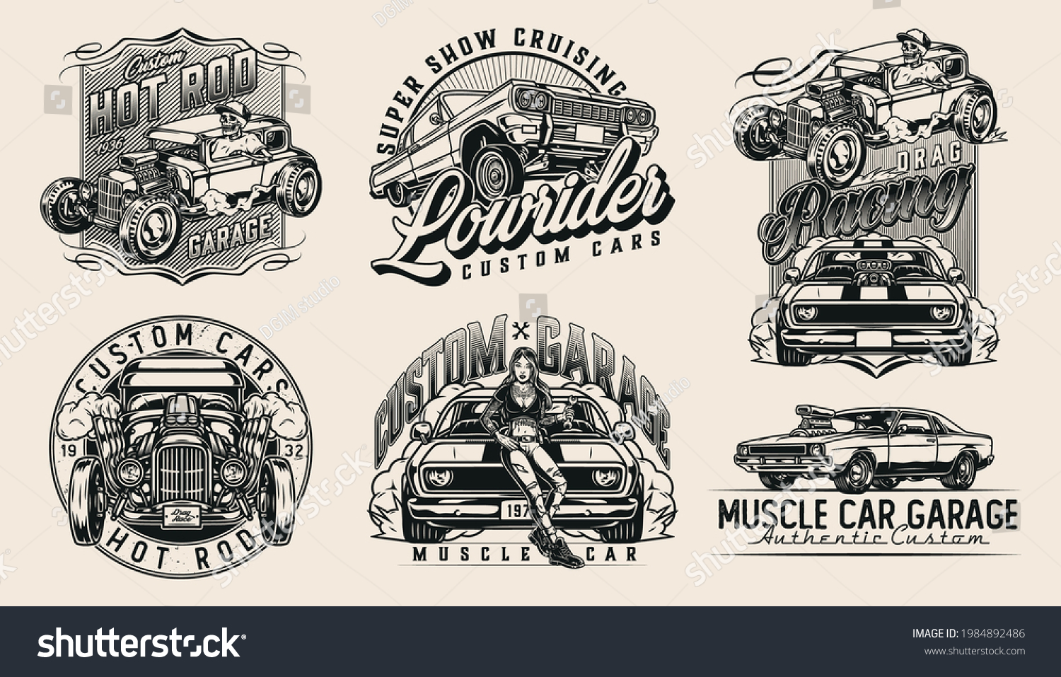 Custom Cars Vintage Monochrome Badges Skeleton Stock Vector (Royalty ...