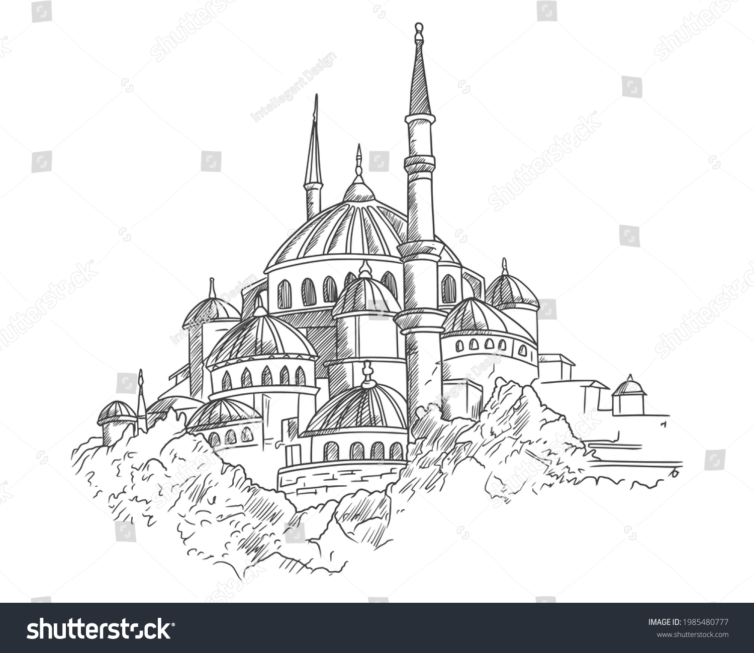 Hand Drawn Vector Illustration Blue Mosque Stock Vector (Royalty Free ...