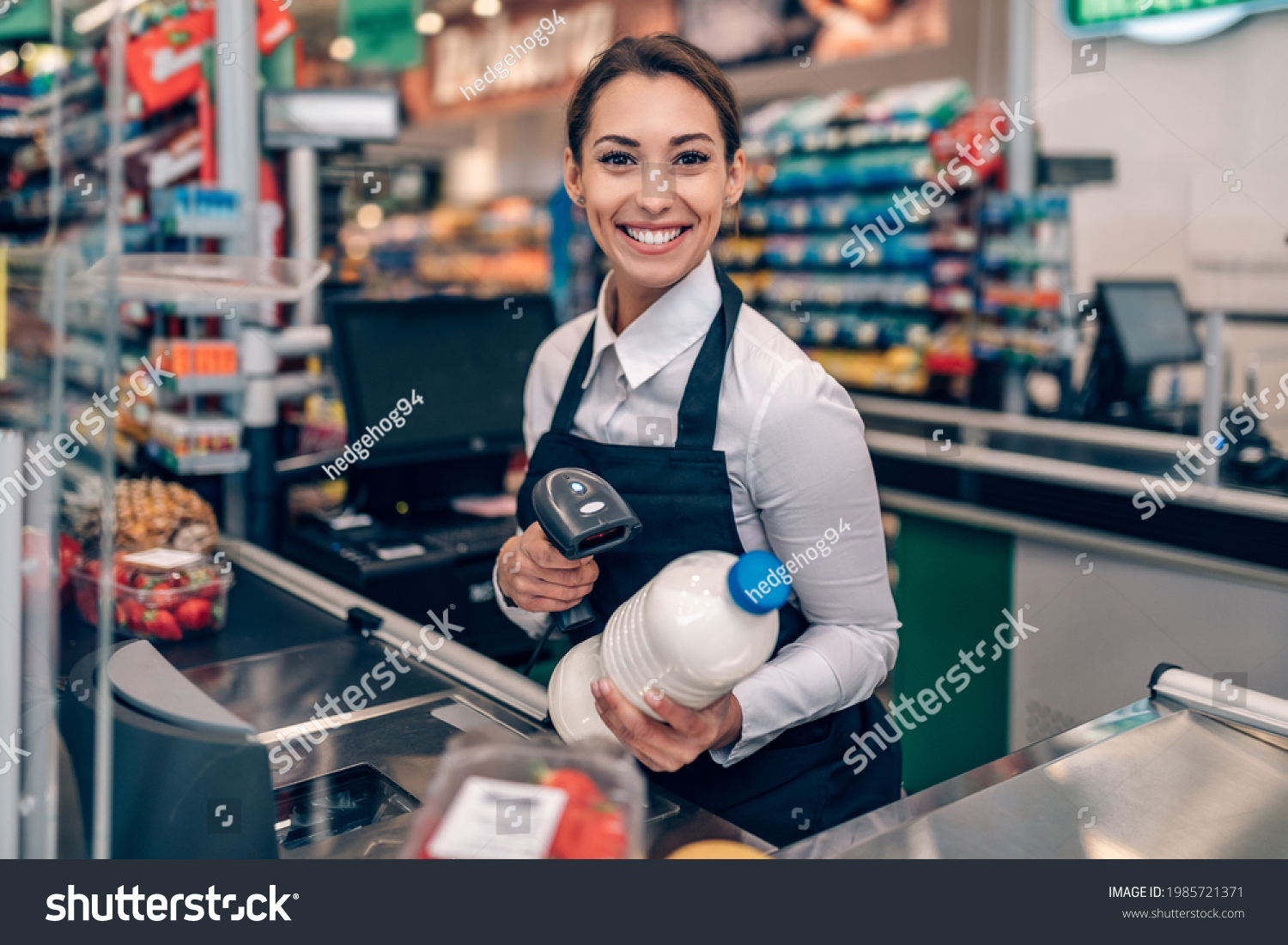 Portrait Beautiful Smiling Cashier Working Grocery Stock Photo