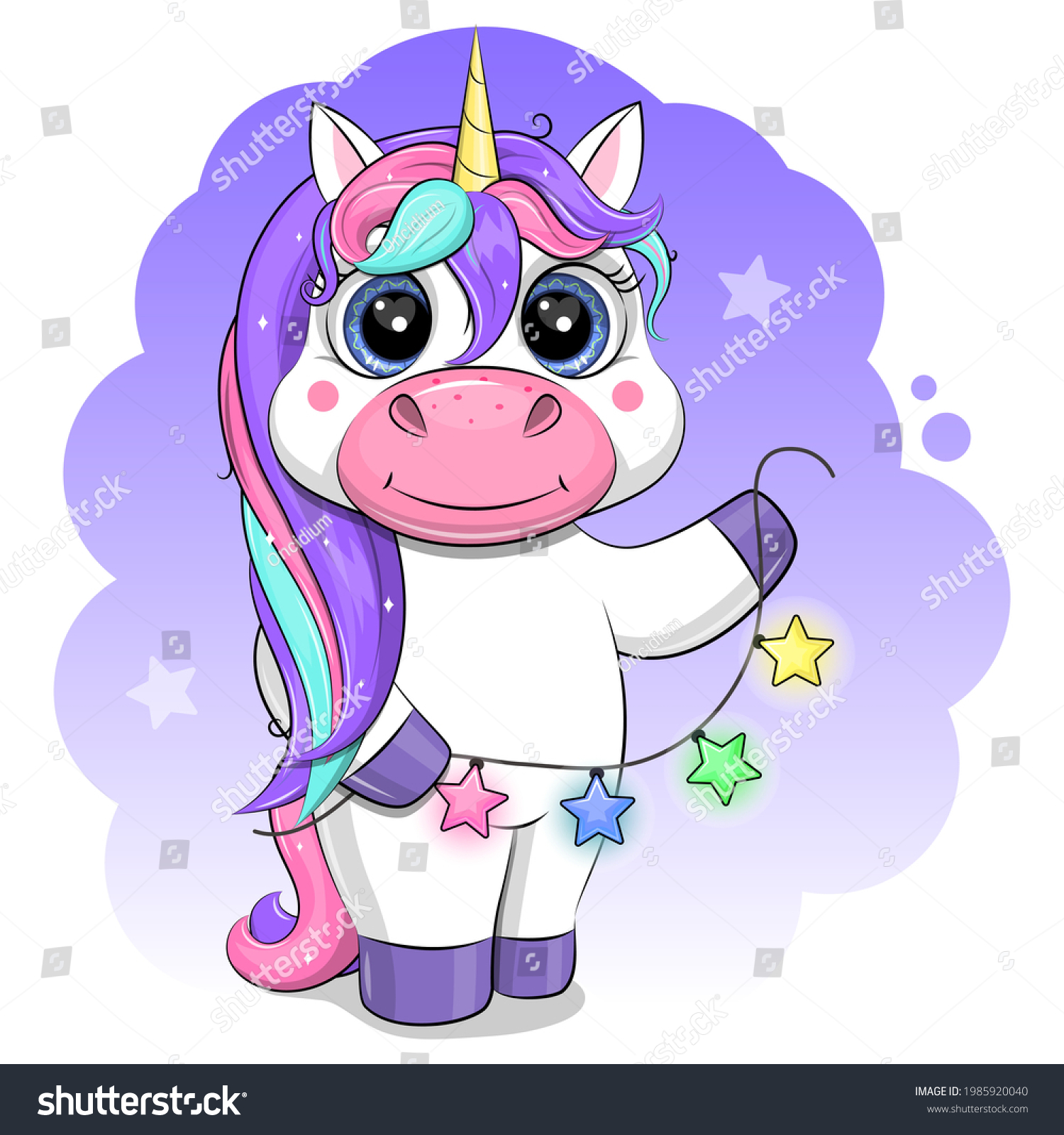 Cute Cartoon Unicorn Holding Light Star Stock Vector (royalty Free 