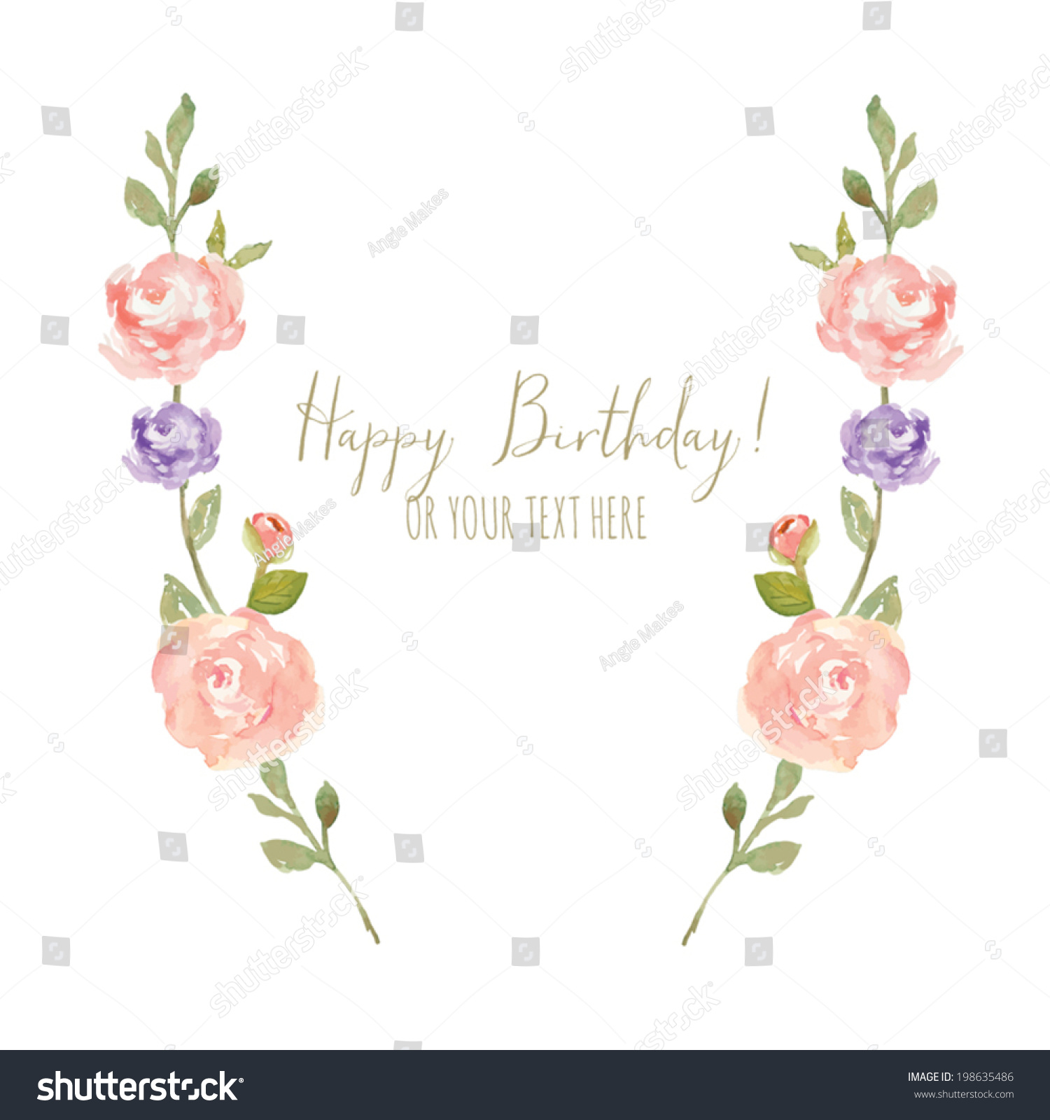 Vector Watercolour Peony Branches Happy Birthday Stock Vector (Royalty ...