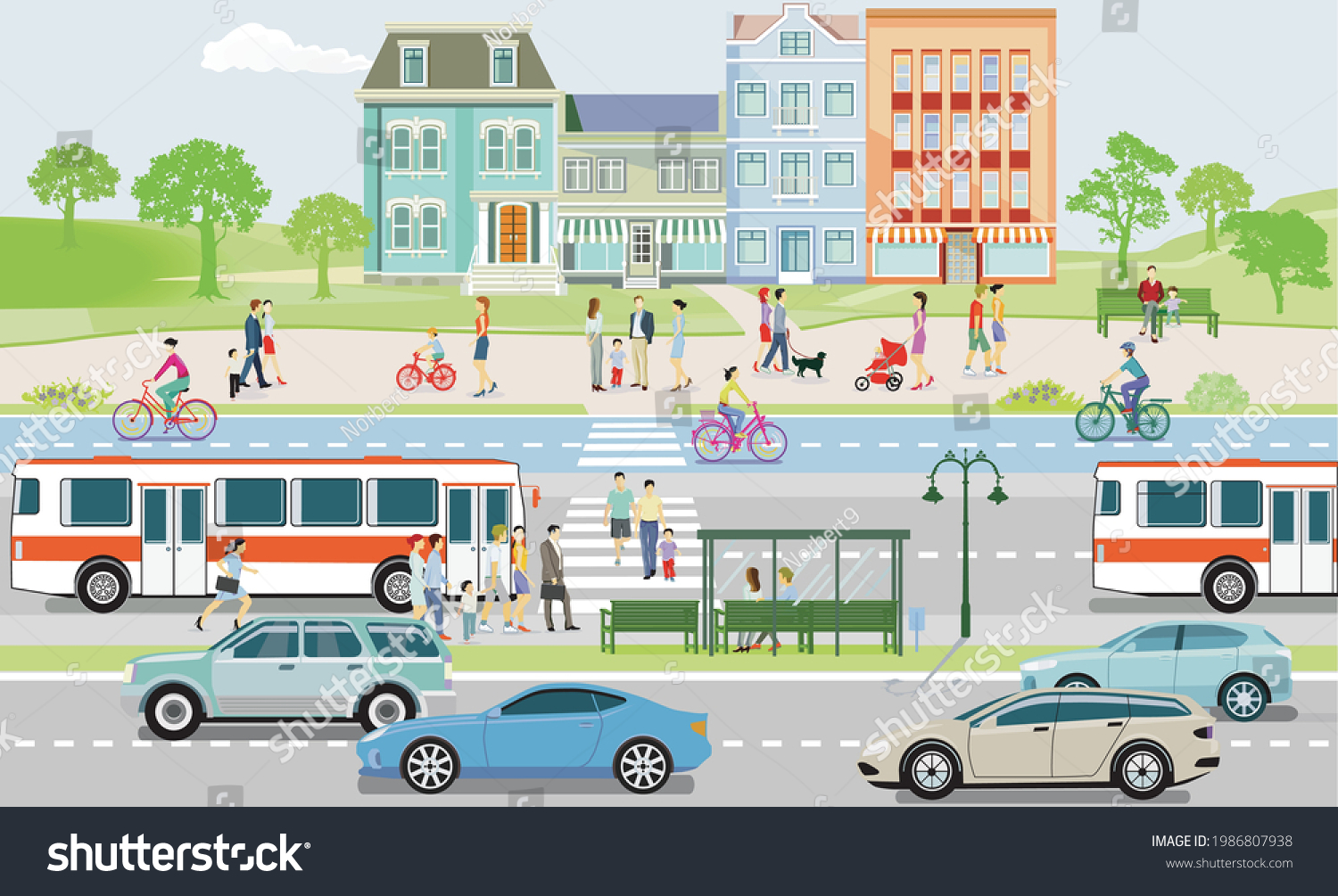 Public Transport Public Bus Cyclists Pedestrians Stock Vector (Royalty ...