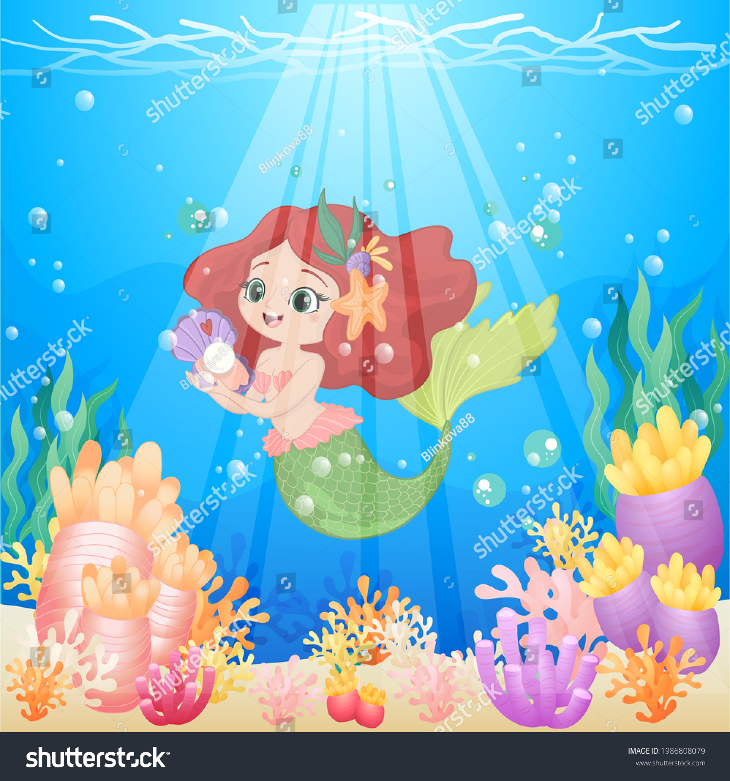 Pink Green Cute Little Mermaid Found Stock Vector (Royalty Free ...