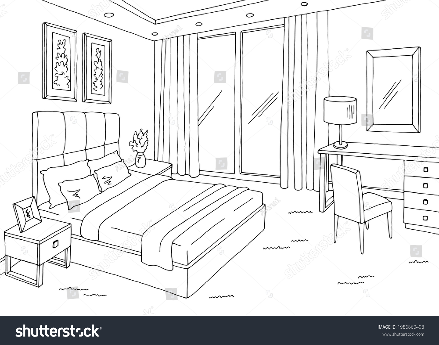 Bedroom Graphic Black White Interior Sketch Stock Vector (Royalty Free ...