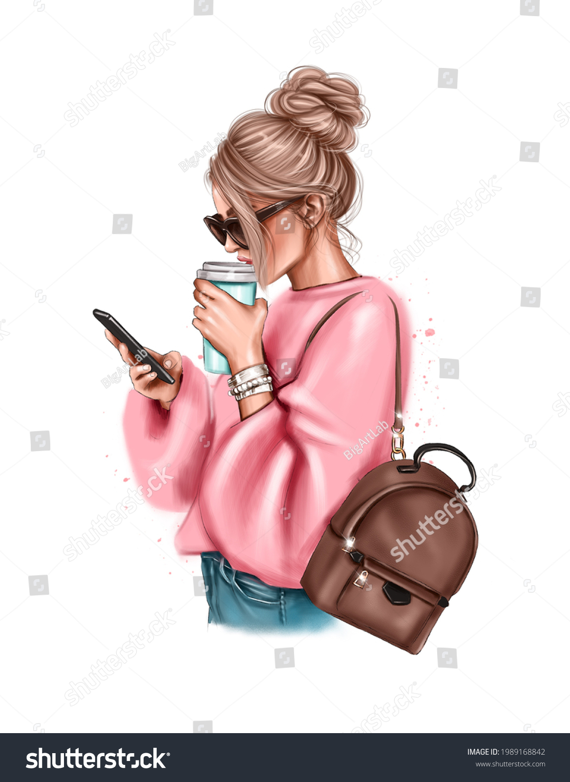 Digital Watercolor Illustration Fashion Girl Coffee стоковая иллюстрация 1989168842 Shutterstock