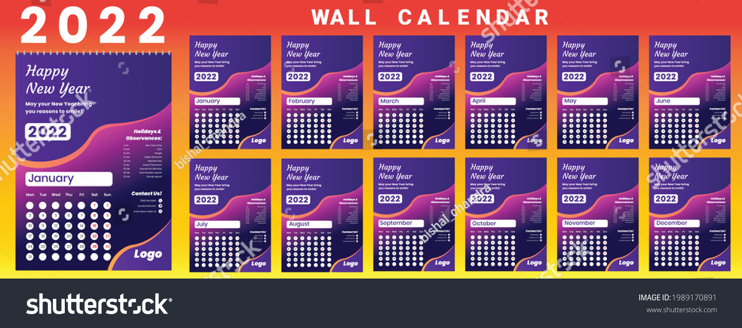 Printable Calendar 2022 Wall Calendar Week Stock Vector (Royalty Free