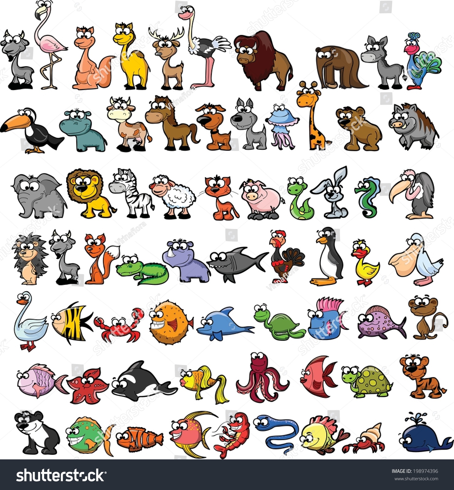 Set Cute Cartoon Animals Stock Vector (Royalty Free) 198974396 ...