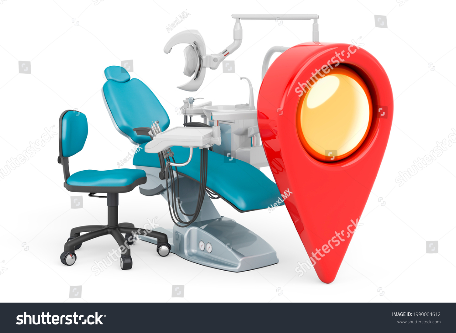 Dental Clinic Location Concept - Stock Photo Dental Clinic Location Concept Map Pointer With Dental Chair Unit D Rendering Isolated On White 1990004612