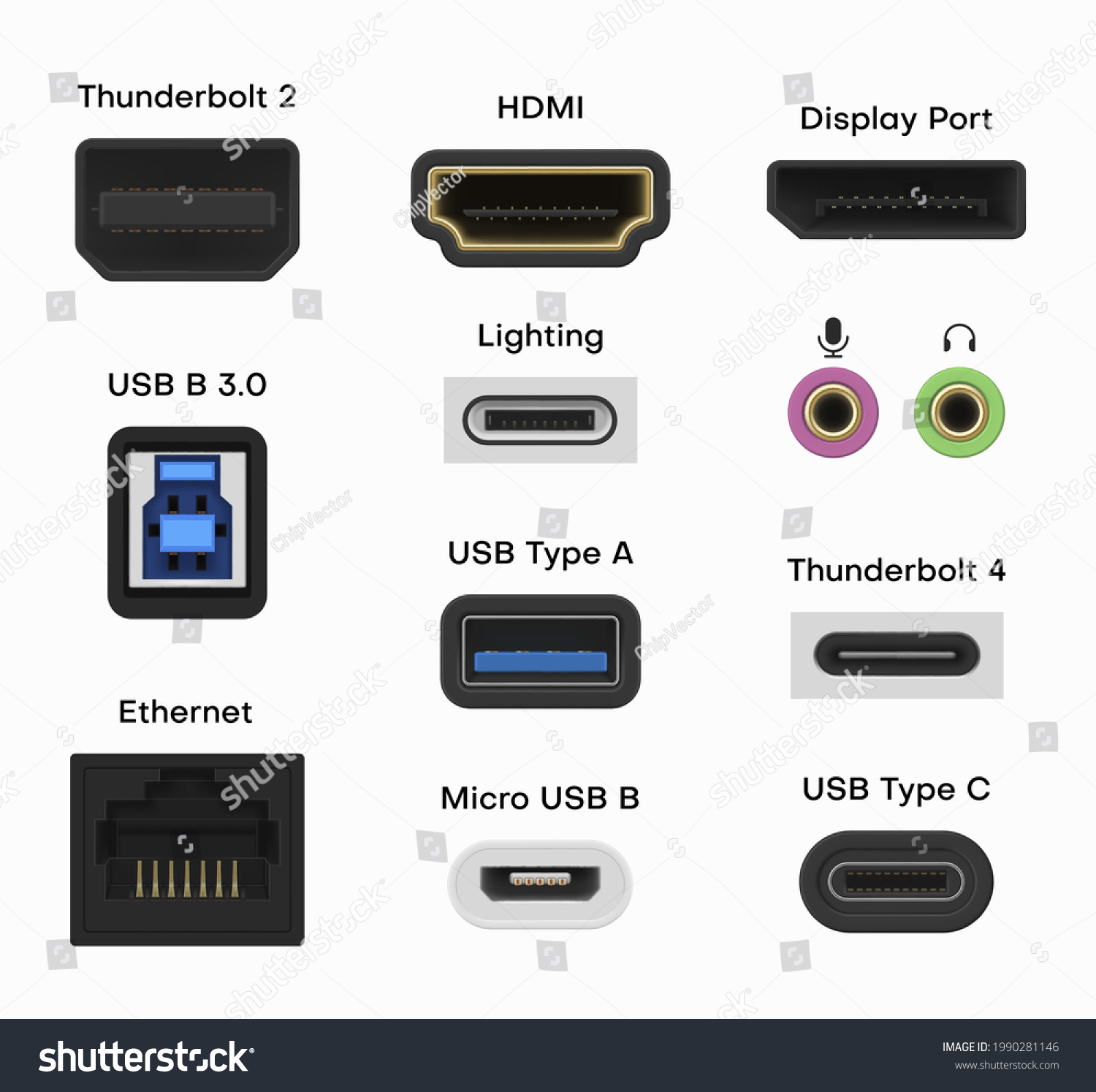 Collection Connector Ports Vector Illustration Realistic Stock Vector ...