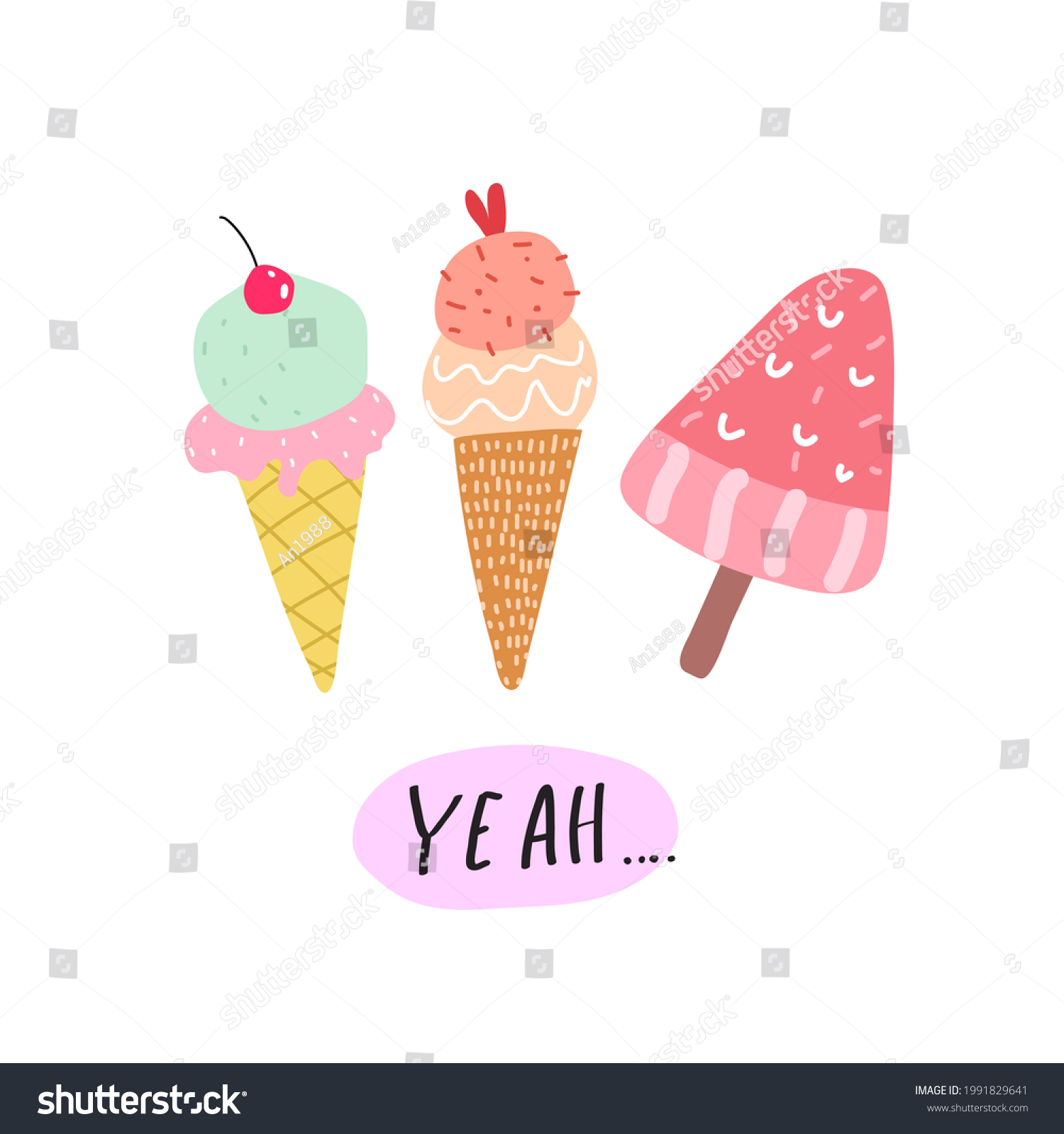 Yeah Cartoon Ice Cream Hand Drawing Stock Vector (Royalty Free ...