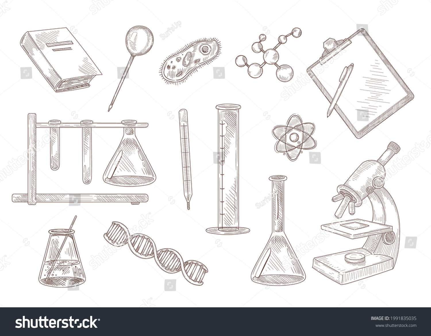 Set Engraving Drawings Symbols Science Flat Stock Vector (Royalty Free ...