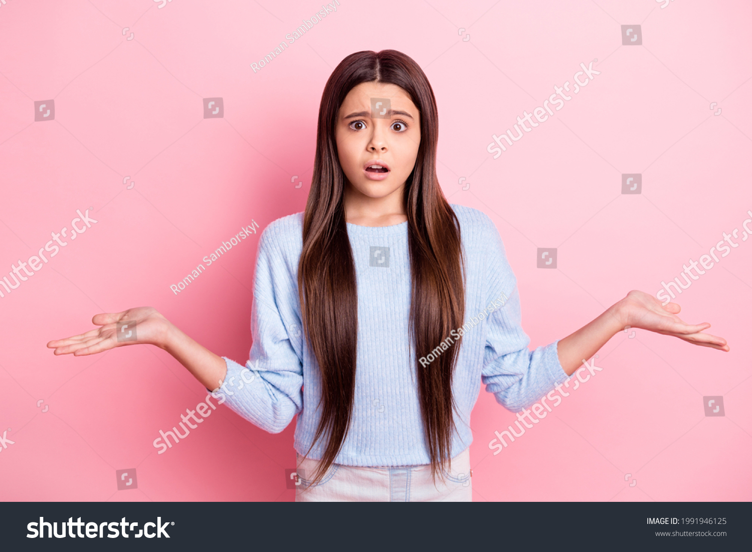 Portrait Attractive Puzzled Girl Reaction Shrugging Stock Photo 