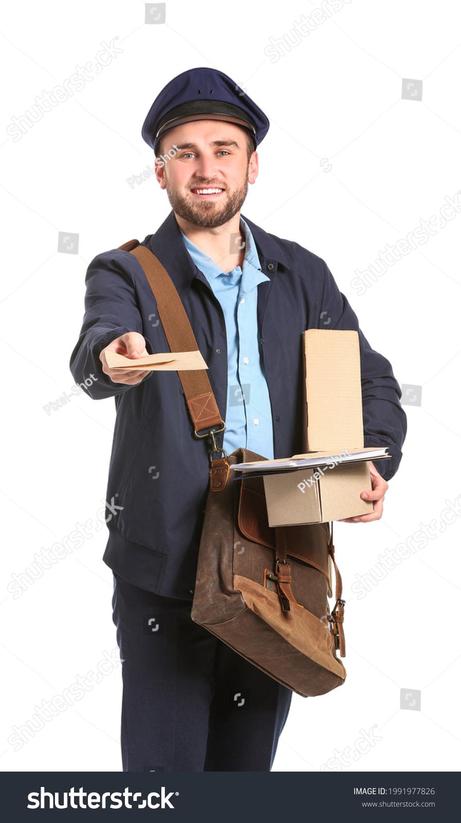 Handsome Young Postman On White Background Stock Photo 1991977826 ...