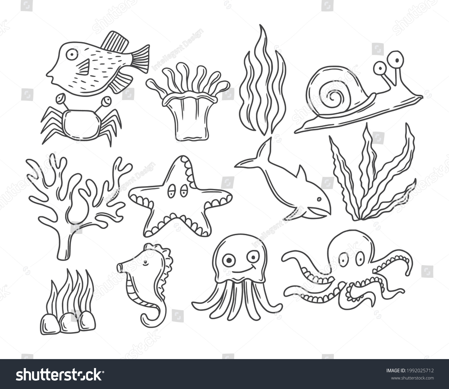 Set Sea Animals Doodle Vector Illustration Stock Vector (Royalty Free ...