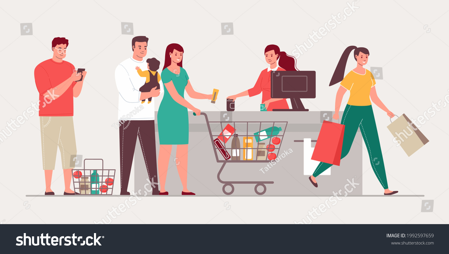 Shoppers Line Grocery Store Checkout Queue Stock Vector (Royalty Free ...