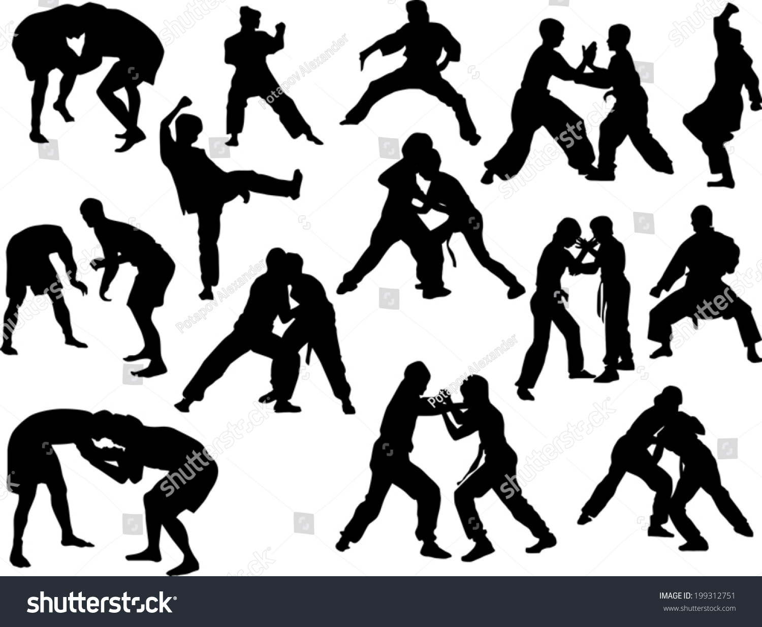 Illustration Different Fighter Silhouettes Isolated On Stock Vector ...