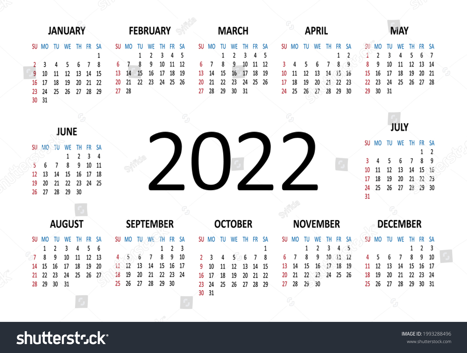 2022 Year Vector Calendar Week Starts Stock Vector (Royalty Free ...