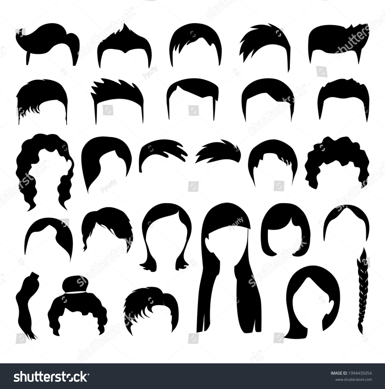 Big Black Hair Silhouettes Collection Fashionable Stock Illustration ...