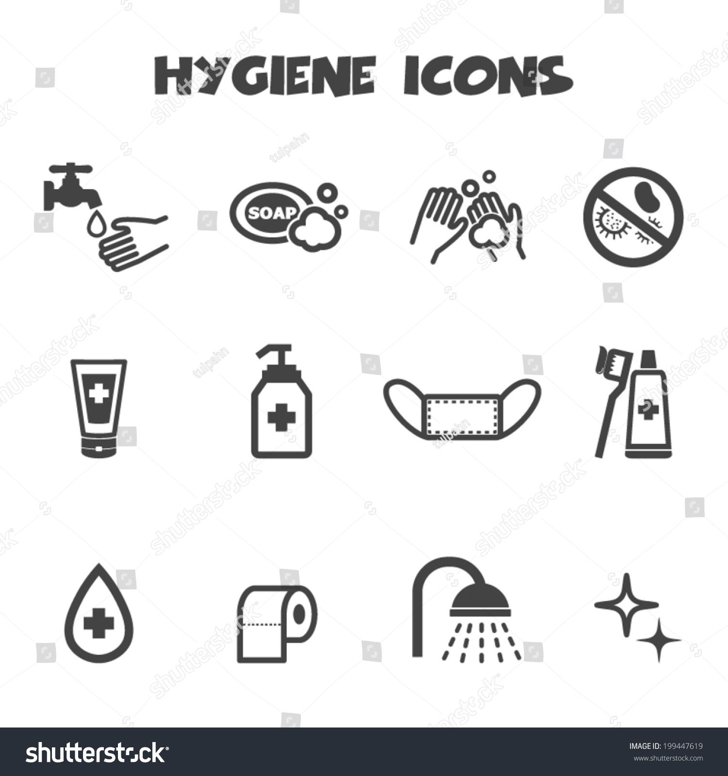 Vektor Stok Hygiene Icons Mono Vector Symbols Tanpa Royalti 199447619 Shutterstock 2187