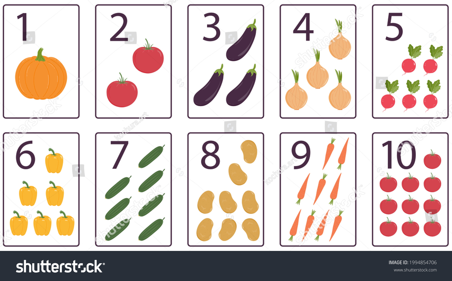 Printable Numbers Flashcards Vegetables Preschool Learning Stock Vector ...