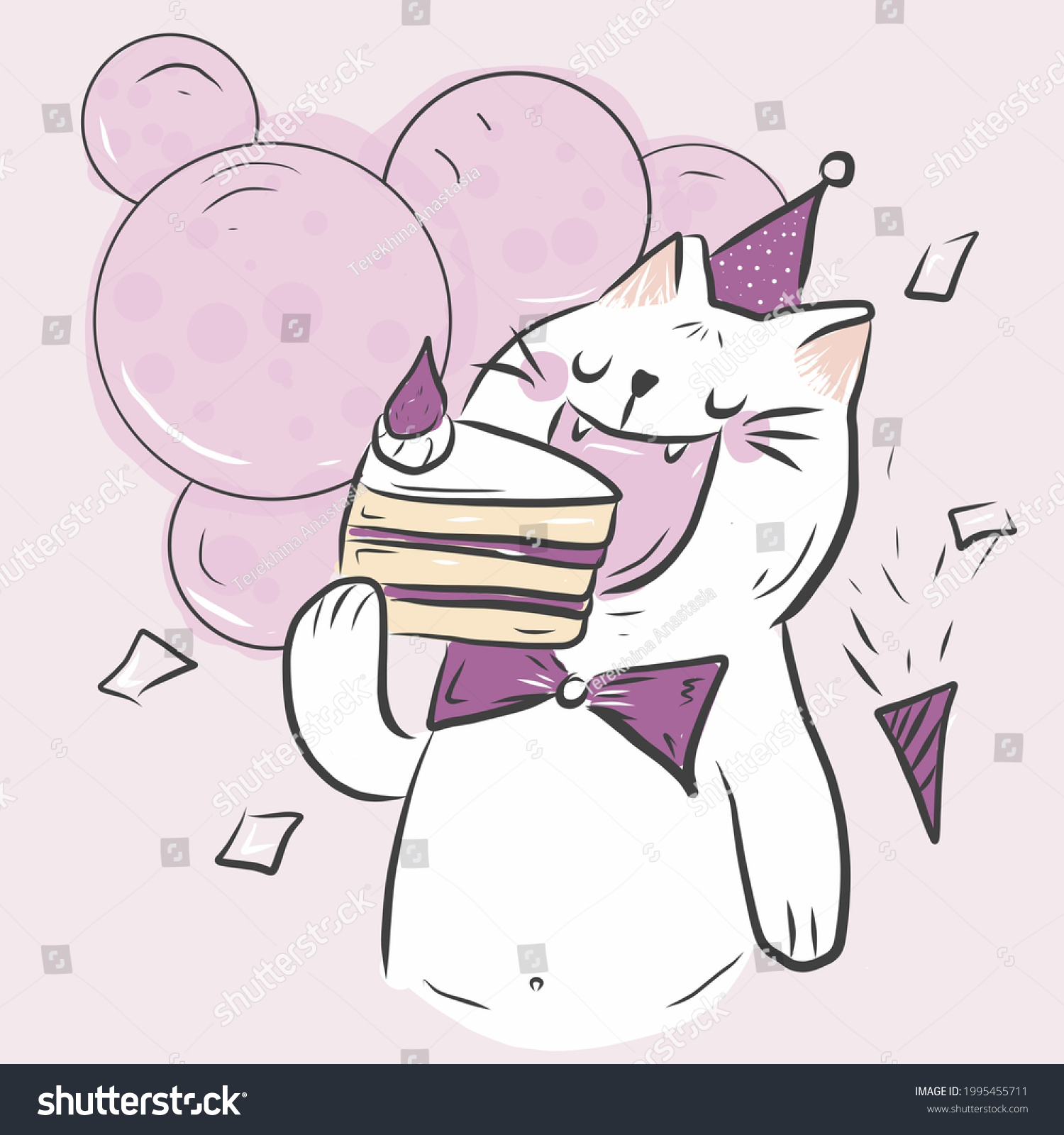 Cute White Cat Eating Birthday Cake Stock Vector Royalty Free 1995455711 Shutterstock 5775